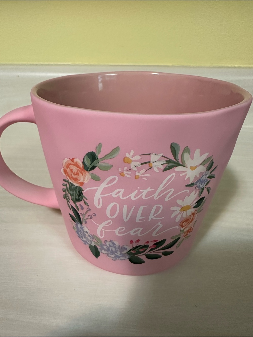 Pink Faith Over Fear Floral Ceramic Mug